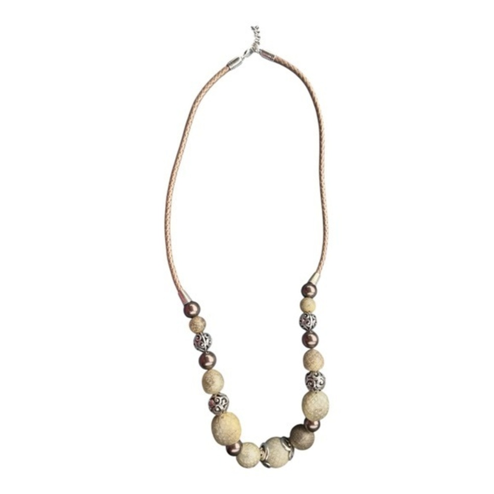 Brighton Boho Luxe Artisan Leather Cord Beaded Necklace Silver Tone Heart